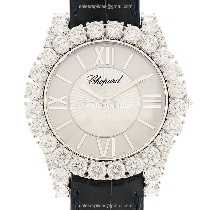Chopard 139419-1414 Women Jewelry Replica - Auto - 18kt White Gold - Diamond - Silver Dial - Blue Alligator